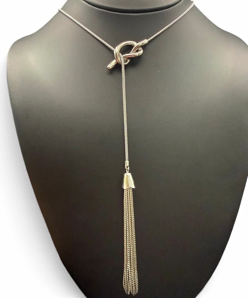Silver Tone Opera 30" Snake Chain Lariat Necklace Knot Tassel Fringe Boho Y